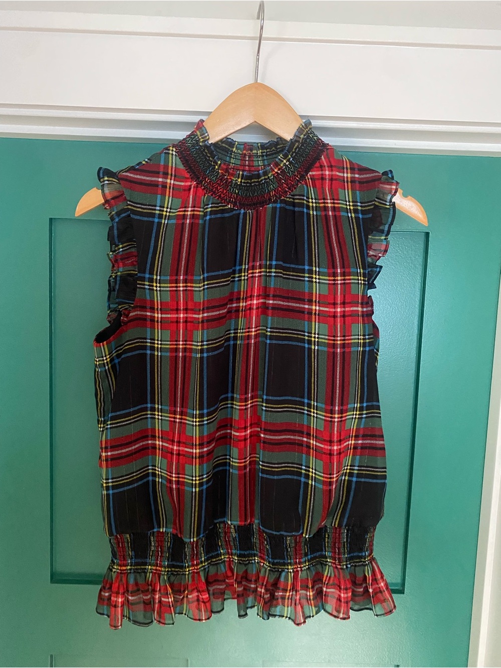 Plaid Ruffle-Hem Sleeveless J Crew Top - Red/Black/Gold Metallic - Picture 5 of 5